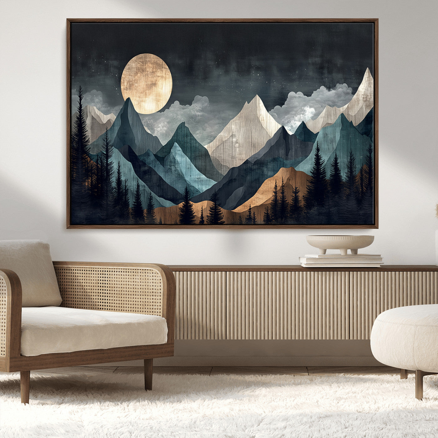 11060882-MGV-CV-36X24-Moonlit Mountains Wall Art Canvas Print, Framed Forest Silhouette Art Picture Print, Night Landscape Perfect Modern Forest Decor