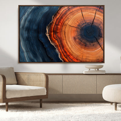 57732250-MGV-CV-36X24-Tree Ring Abstract Wall Art – Blue Orange Wood Grain Canvas Print, Modern Rustic Nature Artwork for Living Room, Office,