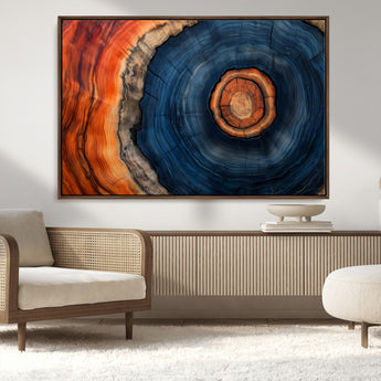 72209152-MGV-CV-36X24-Abstract Tree Ring Wall Art – Vibrant Blue Orange Wood Grain Canvas Print, Rustic Modern Nature Artwork for Living Room, Office,