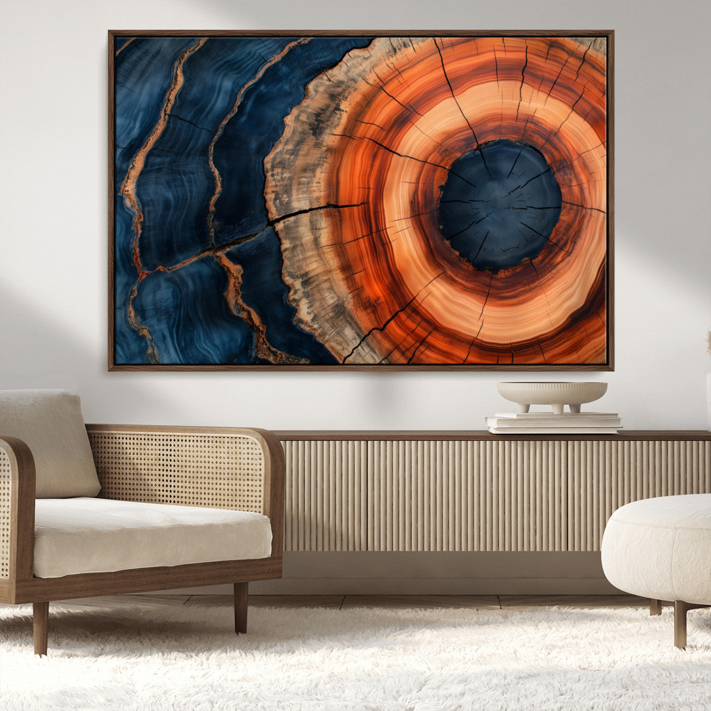 41123192-MGV-CV-36X24-Tree Ring Canvas Wall Art – Abstract Blue Orange Wood Grain Print, Rustic Modern Nature Artwork for Living Room, Bedroom, Office