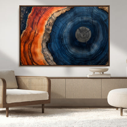 99491700-MGV-CV-36X24-Tree Ring Canvas Wall Art – Blue Orange Abstract Wood Grain Print, Rustic Modern Nature Artwork for Living Room, Office, Bedroom