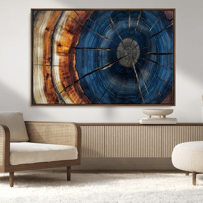 60099360-MGV-CV-36X24-Blue Tree Ring Wall Art – Rustic Wood Grain Canvas Print, Modern Abstract Artwork with Natural Texture for Living Room, Bedroom,