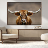 12179171-MGV-CV-36X24-Texas Longhorn Wall Art Canvas Print, Framed Brown Bull Art Picture Print, Lone Cattle Perfect Rustic Western Decor Artwork