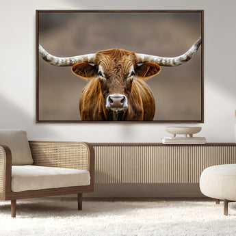 12179171-MGV-CV-36X24-Texas Longhorn Wall Art Canvas Print, Framed Brown Bull Art Picture Print, Lone Cattle Perfect Rustic Western Decor Artwork