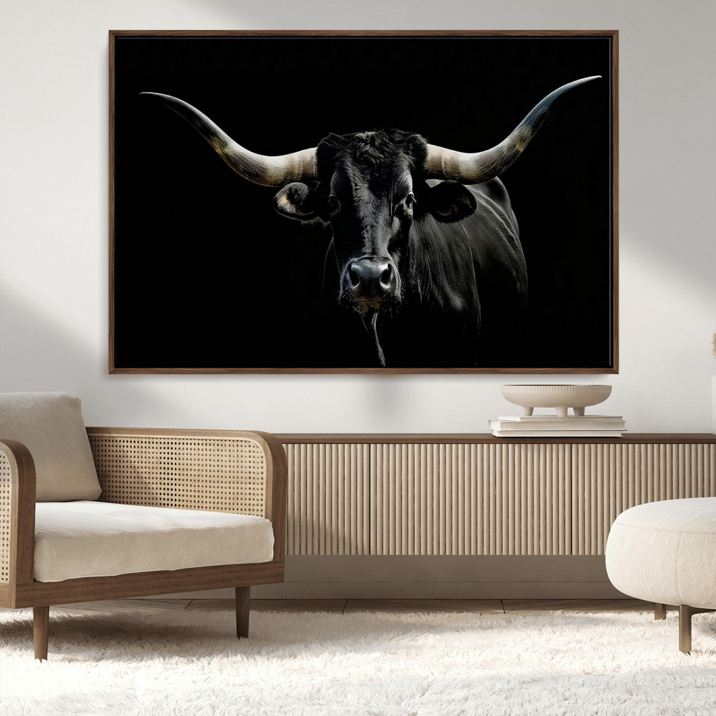 37531960-MGV-CV-36X24-Black Longhorn Bull Wall Art – Dramatic Western Cattle Canvas Print, Rustic Farmhouse Animal Artwork for Living Room, Bedroom,