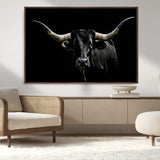 37531960-MGV-CV-36X24-Black Longhorn Bull Wall Art – Dramatic Western Cattle Canvas Print, Rustic Farmhouse Animal Artwork for Living Room, Bedroom,