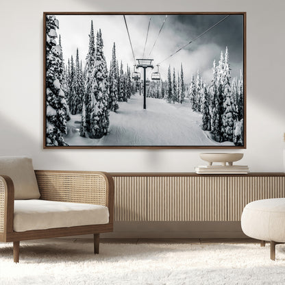 31156828-MGV-CV-36X24-Snowy Pines Wall Art Canvas Print, Framed Ski Lift Art Picture Print, Winter Forest Perfect Moody Lodge Decor Artwork