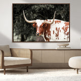 54027638-MGV-CV-36X24-Texas Longhorn Wall Art Canvas Print, Framed Spotted Cow Art Picture Print, Horned Bull Perfect Rustic Western Decor Artwork