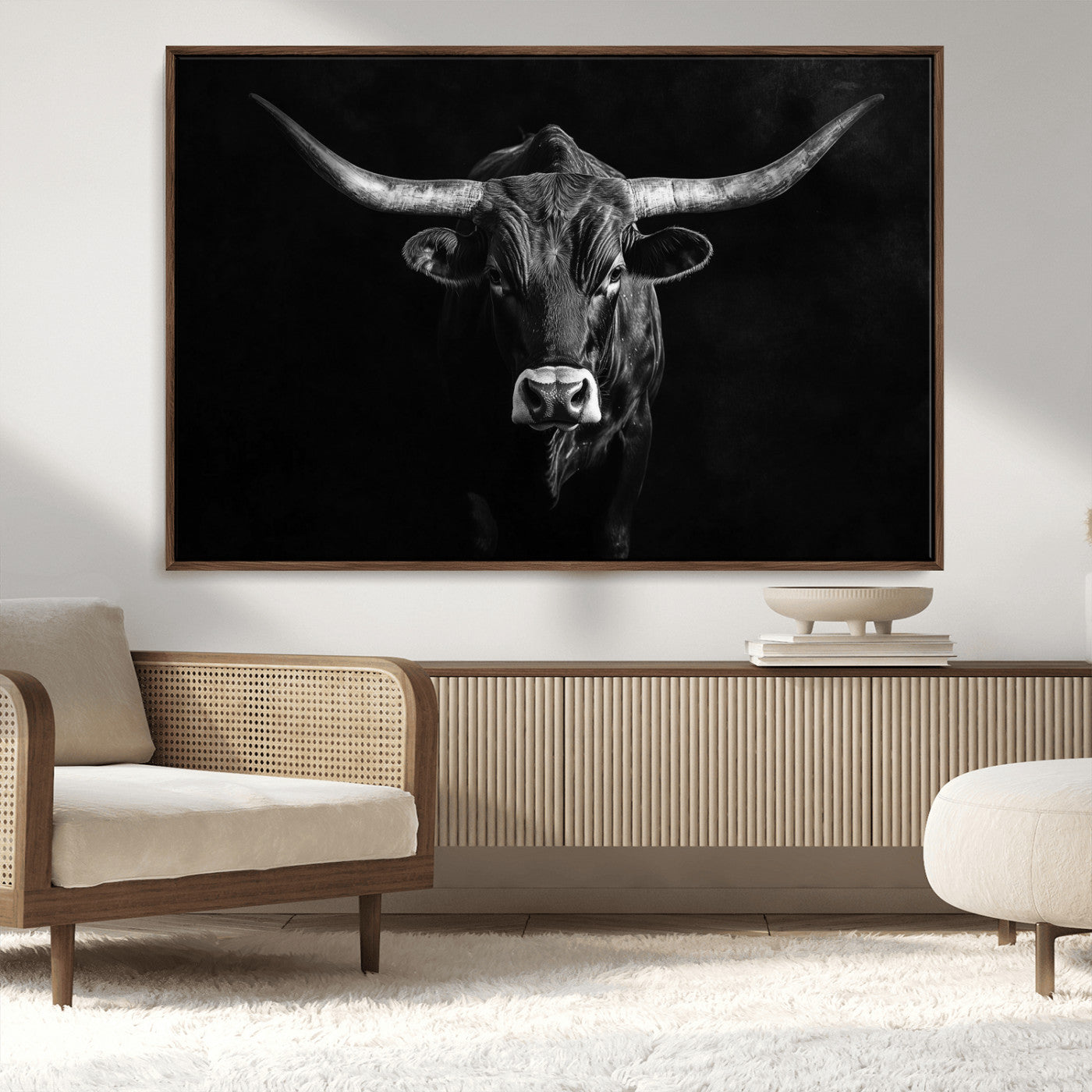 42077175-MGV-FC-36X24_Walnut-Texas Longhorn Wall Art Canvas Print, Framed Monochrome Bull Art Picture Print, Horned Bull Perfect Rustic Western Decor Artwork