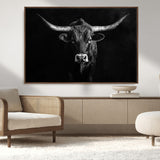 42077175-MGV-FC-36X24_Walnut-Texas Longhorn Wall Art Canvas Print, Framed Monochrome Bull Art Picture Print, Horned Bull Perfect Rustic Western Decor Artwork