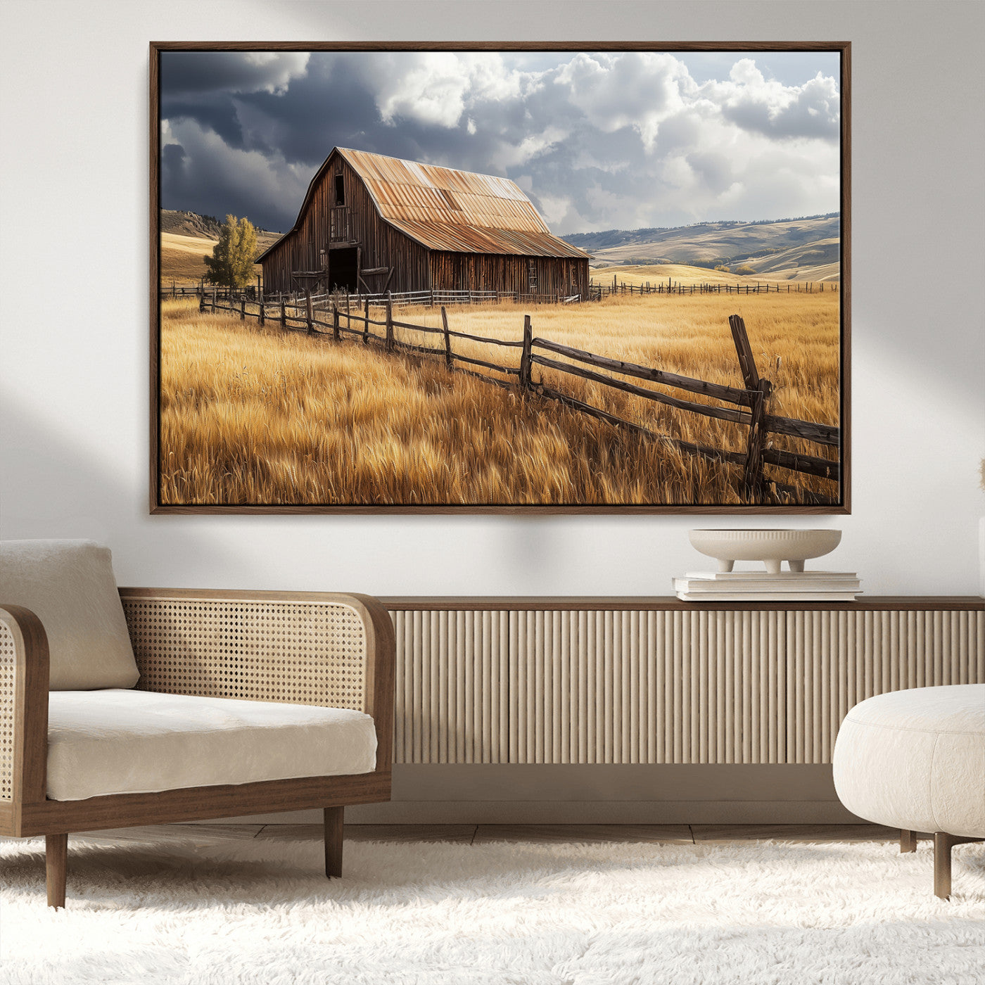 38758826-MGV-CV-36X24-Rustic Barn Wall Art Canvas Print, Framed Moody Barn Art Picture Print, Golden Field Perfect Rustic Farmhouse Decor Artwork