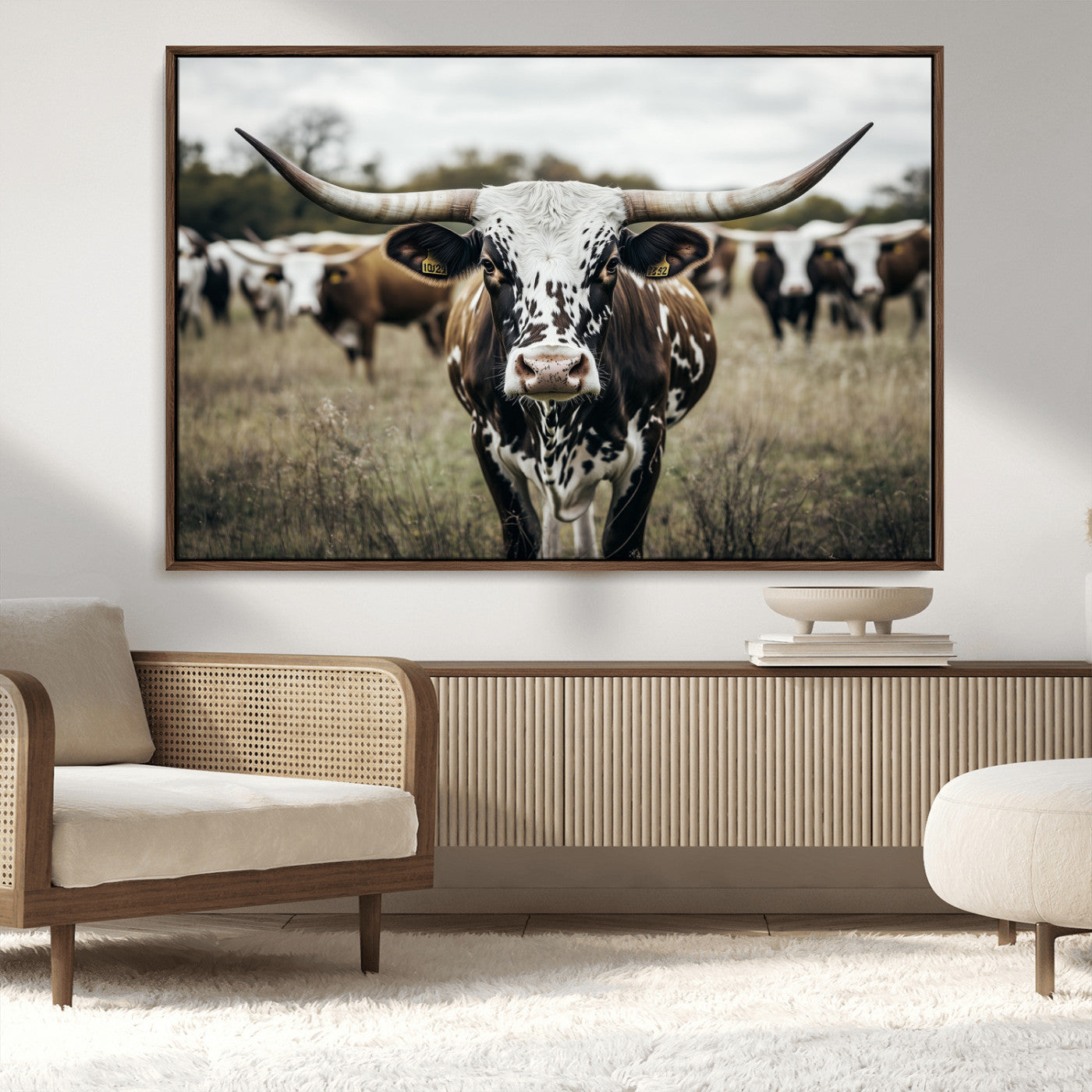 79025945-MGV-CV-36X24-Texas Longhorn Wall Art Canvas Print, Framed Speckled Cow Art Picture Print, Horned Cattle Perfect Rustic Western Decor Artwork