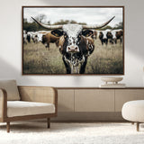 79025945-MGV-CV-36X24-Texas Longhorn Wall Art Canvas Print, Framed Speckled Cow Art Picture Print, Horned Cattle Perfect Rustic Western Decor Artwork