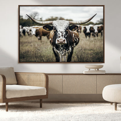 79025945-MGV-CV-36X24-Texas Longhorn Wall Art Canvas Print, Framed Speckled Cow Art Picture Print, Horned Cattle Perfect Rustic Western Decor Artwork