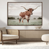 28309012-MGV-CV-36X24-Texas Longhorn Wall Art Canvas Print, Framed Spotted Cattle Art Picture Print, Horned Bull Perfect Rustic Western Decor Artwork