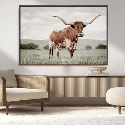 28309012-MGV-CV-36X24-Texas Longhorn Wall Art Canvas Print, Framed Spotted Cattle Art Picture Print, Horned Bull Perfect Rustic Western Decor Artwork