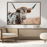 70414966-MGV-FC-36X24_Walnut-Texas Longhorn Wall Art Canvas Print, Framed Speckled Cow Art Picture Print, Horned Bull Perfect Rustic Western Decor Artwork