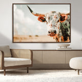 72766375-MGV-CV-36X24-Texas Longhorn Wall Art Canvas Print, Framed Spotted Cow Art Picture Print, Horned Cattle Perfect Rustic Western Decor Artwork