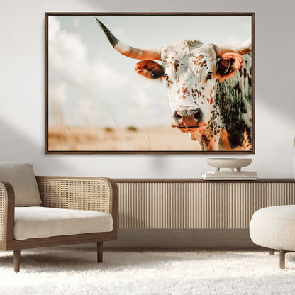 72766375-MGV-CV-36X24-Texas Longhorn Wall Art Canvas Print, Framed Spotted Cow Art Picture Print, Horned Cattle Perfect Rustic Western Decor Artwork