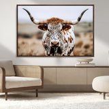 76294381-MGV-FC-36X24_Walnut-Texas Longhorn Wall Art Canvas Print, Framed Spotted Cow Art Picture Print, Horned Cattle Perfect Rustic Western Decor Artwork
