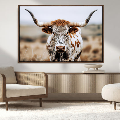 76294381-MGV-FC-36X24_Walnut-Texas Longhorn Wall Art Canvas Print, Framed Spotted Cow Art Picture Print, Horned Cattle Perfect Rustic Western Decor Artwork