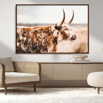 11528295-MGV-CV-36X24-Speckled Longhorn Wall Art Canvas Print, Framed Texas Cattle Art Picture Print, Horned Cow Perfect Rustic Western Decor Artwork