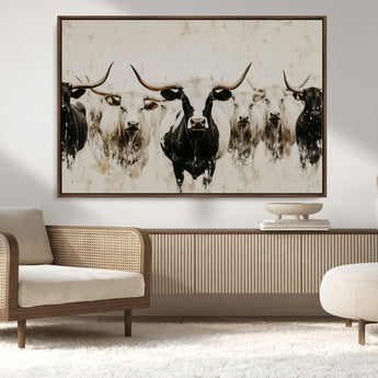 12027562-MGV-CV-36X24-Longhorn Cattle Wall Art Canvas Print, Framed Bison Herd Art Picture Print, Cattle Group Perfect Rustic Farmhouse Decor Artwork