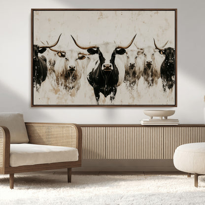 12027562-MGV-CV-36X24-Longhorn Cattle Wall Art Canvas Print, Framed Bison Herd Art Picture Print, Cattle Group Perfect Rustic Farmhouse Decor Artwork