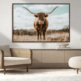 39350715-MGV-CV-36X24-Texas Longhorn Wall Art Canvas Print, Framed Longhorn Cow Art Picture Print, Western Cattle Perfect Rustic Western Decor Artwork