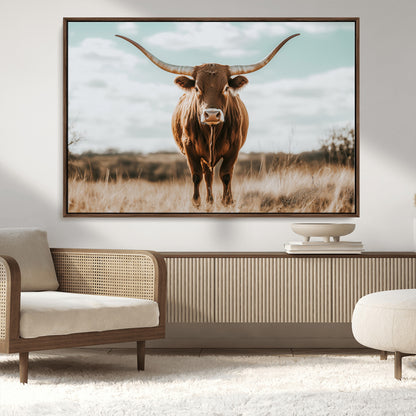 39350715-MGV-CV-36X24-Texas Longhorn Wall Art Canvas Print, Framed Longhorn Cow Art Picture Print, Western Cattle Perfect Rustic Western Decor Artwork