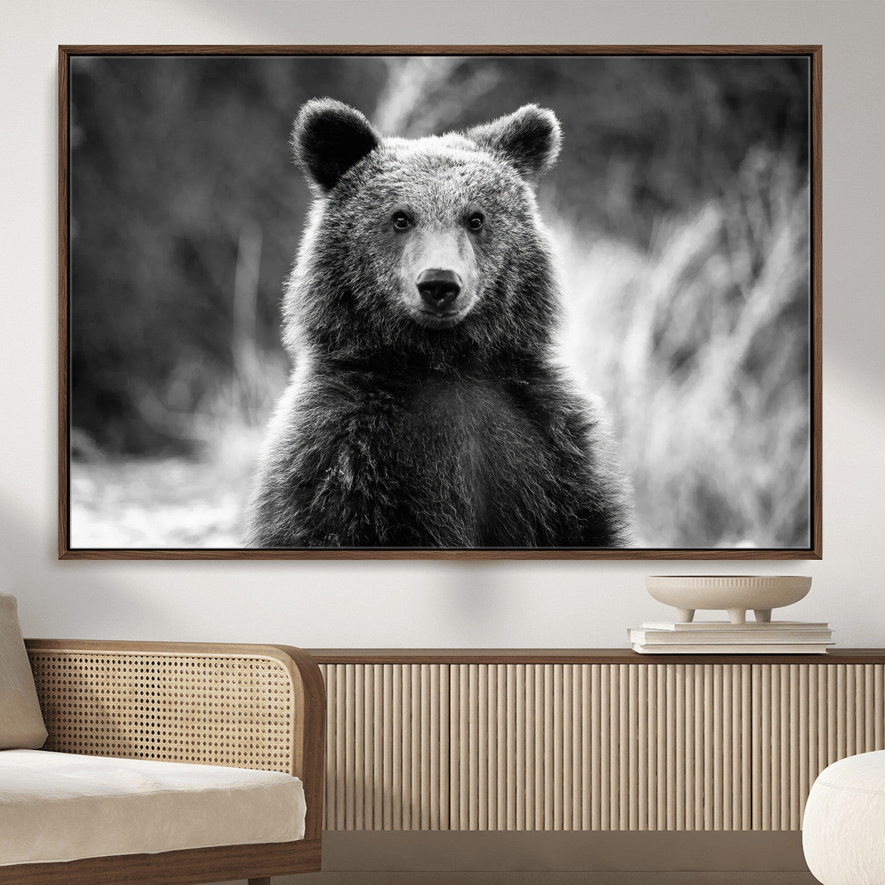MGV-FC-36X24 - Grizzly Bear Wall Art Canvas Print, Framed Black White Bear Art Picture Print, Wild Bear Perfect Rustic Wildlife Decor Artwork