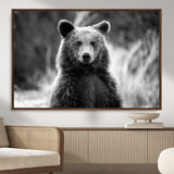 MGV-FC-36X24 - Grizzly Bear Wall Art Canvas Print, Framed Black White Bear Art Picture Print, Wild Bear Perfect Rustic Wildlife Decor Artwork