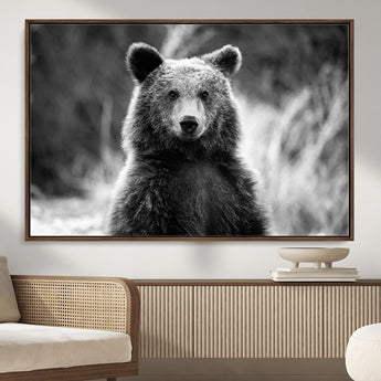 MGV-FC-36X24 - Grizzly Bear Wall Art Canvas Print, Framed Black White Bear Art Picture Print, Wild Bear Perfect Rustic Wildlife Decor Artwork