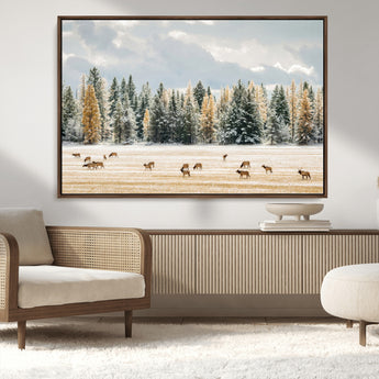 64188182-MGV-FC-36X24_Walnut-Elk Herd Wall Art Canvas Print, Framed Snowy Forest Art Picture Print, Forest Elks Perfect Neutral Rustic Decor Artwork