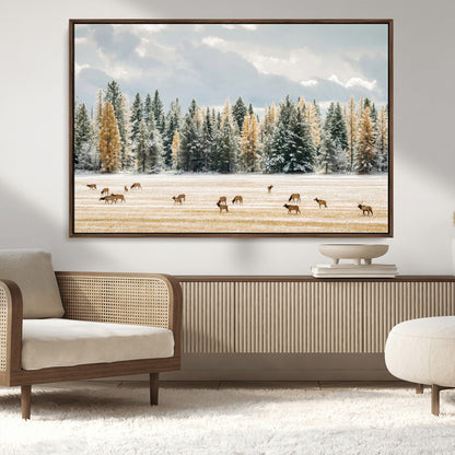 64188182-MGV-FC-36X24_Walnut-Elk Herd Wall Art Canvas Print, Framed Snowy Forest Art Picture Print, Forest Elks Perfect Neutral Rustic Decor Artwork