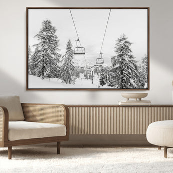 55003599-MGV-CV-36X24-Snowy Ski Lift Wall Art Canvas Print, Framed Winter Forest Art Picture Print, Ski lift Ride Perfect Winter Lodge Decor Artwork