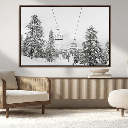 55003599-MGV-CV-36X24-Snowy Ski Lift Wall Art Canvas Print, Framed Winter Forest Art Picture Print, Ski lift Ride Perfect Winter Lodge Decor Artwork