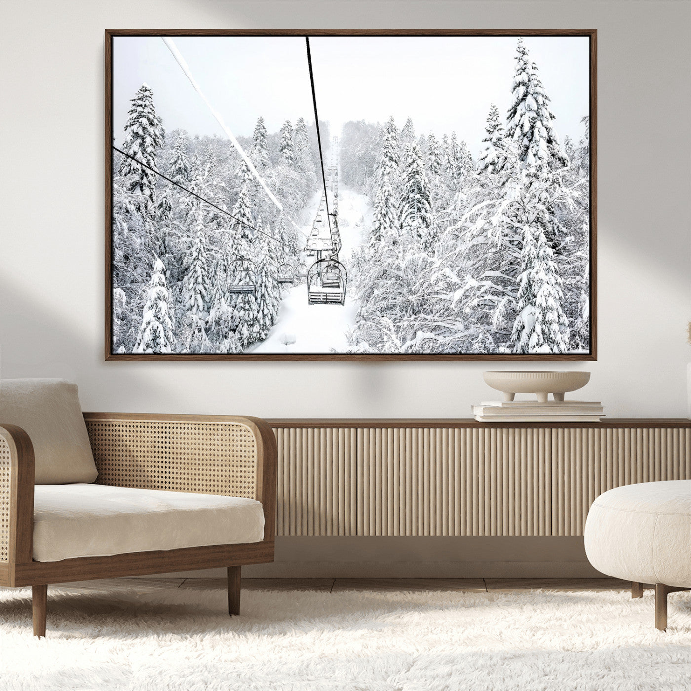60296839-MGV-FC-36X24_Walnut-Snowy Mountains Wall Art Canvas Print, Framed Ski Lift Art Picture Print, Winter Forest Perfect Winter Minimalist Decor Artwork