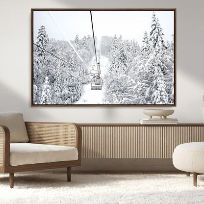60296839-MGV-FC-36X24_Walnut-Snowy Mountains Wall Art Canvas Print, Framed Ski Lift Art Picture Print, Winter Forest Perfect Winter Minimalist Decor Artwork