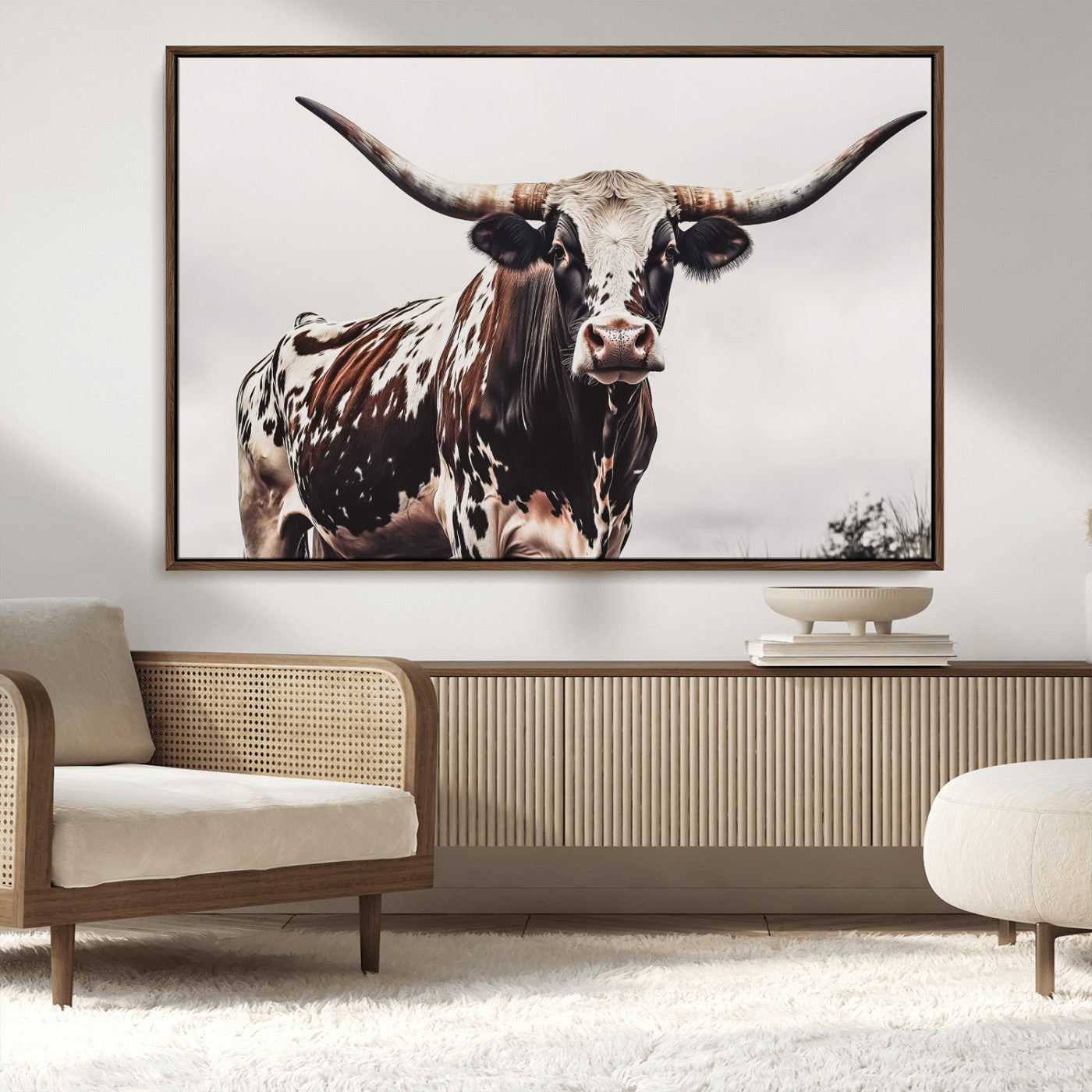95249234-MGV-CV-36X24-Texas Longhorn Wall Art Canvas Print, Framed Spotted Bull Art Picture Print, Horned Cattle Perfect Rustic Farmhouse Decor Artwork
