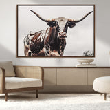 95249234-MGV-CV-36X24-Texas Longhorn Wall Art Canvas Print, Framed Spotted Bull Art Picture Print, Horned Cattle Perfect Rustic Farmhouse Decor Artwork