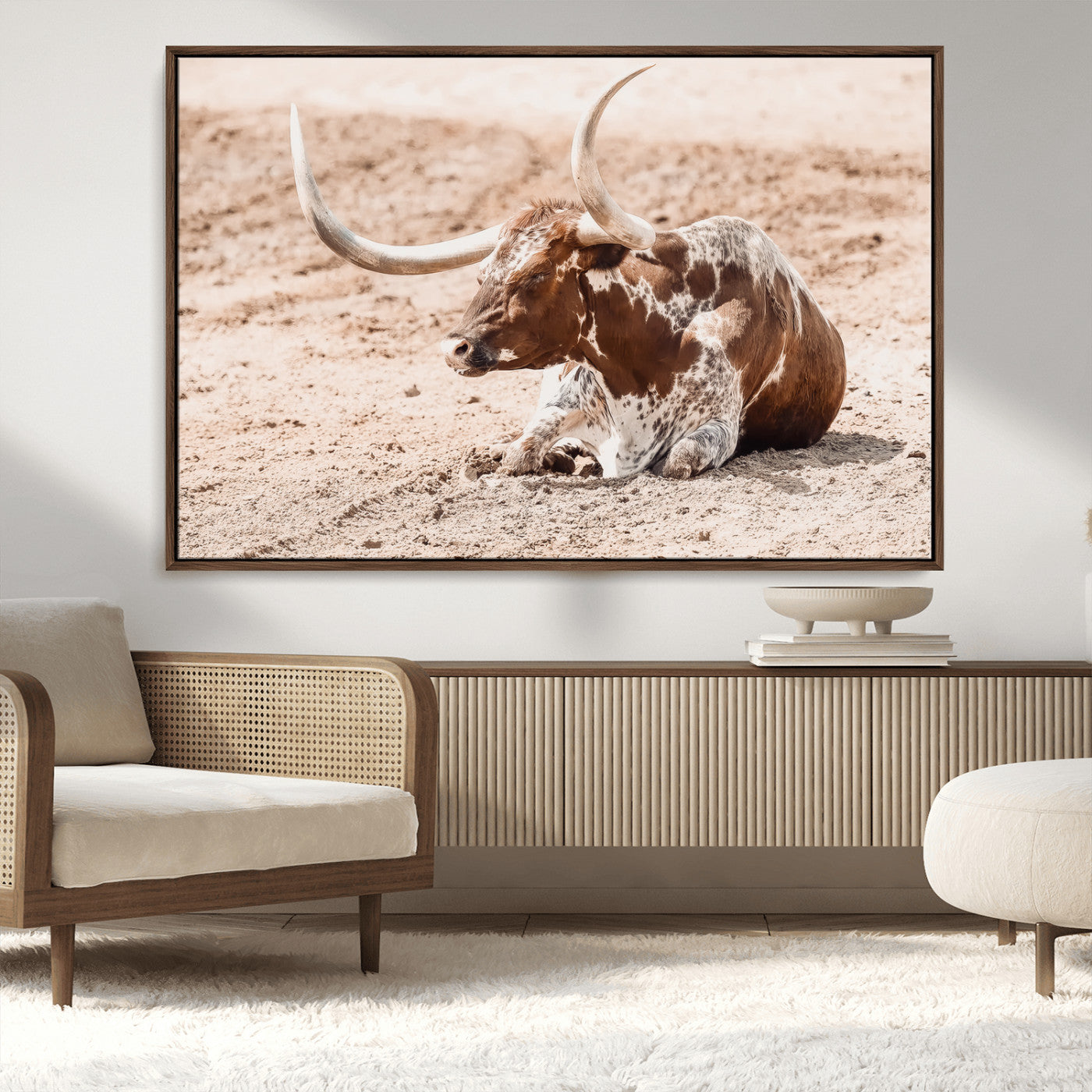 91248682-MGV-CV-36X24-Texas Longhorn Wall Art Canvas Print, Framed Resting Bull Art Picture Print, Spotted Cattle Perfect Rustic Western Decor Artwork