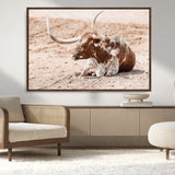 91248682-MGV-CV-36X24-Texas Longhorn Wall Art Canvas Print, Framed Resting Bull Art Picture Print, Spotted Cattle Perfect Rustic Western Decor Artwork