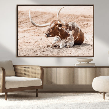 91248682-MGV-CV-36X24-Texas Longhorn Wall Art Canvas Print, Framed Resting Bull Art Picture Print, Spotted Cattle Perfect Rustic Western Decor Artwork