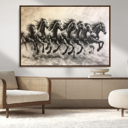 56089591-MGV-CV-36X24-Galloping Horses Wall Art Canvas Print, Framed Wild Stallions Art Picture Print, Horse Herd Sketch Perfect Monochrome Dynamic