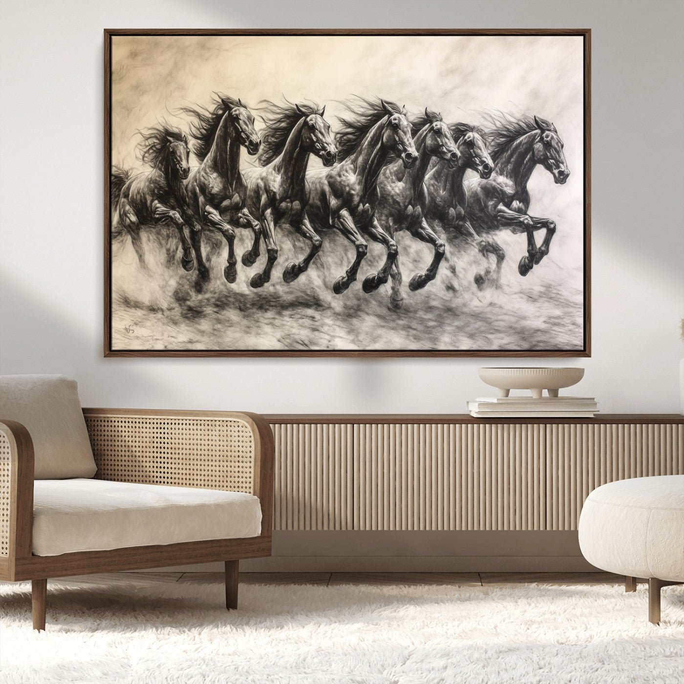 56089591-MGV-CV-36X24-Galloping Horses Wall Art Canvas Print, Framed Wild Stallions Art Picture Print, Horse Herd Sketch Perfect Monochrome Dynamic