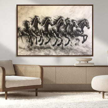 56089591-MGV-CV-36X24-Galloping Horses Wall Art Canvas Print, Framed Wild Stallions Art Picture Print, Horse Herd Sketch Perfect Monochrome Dynamic