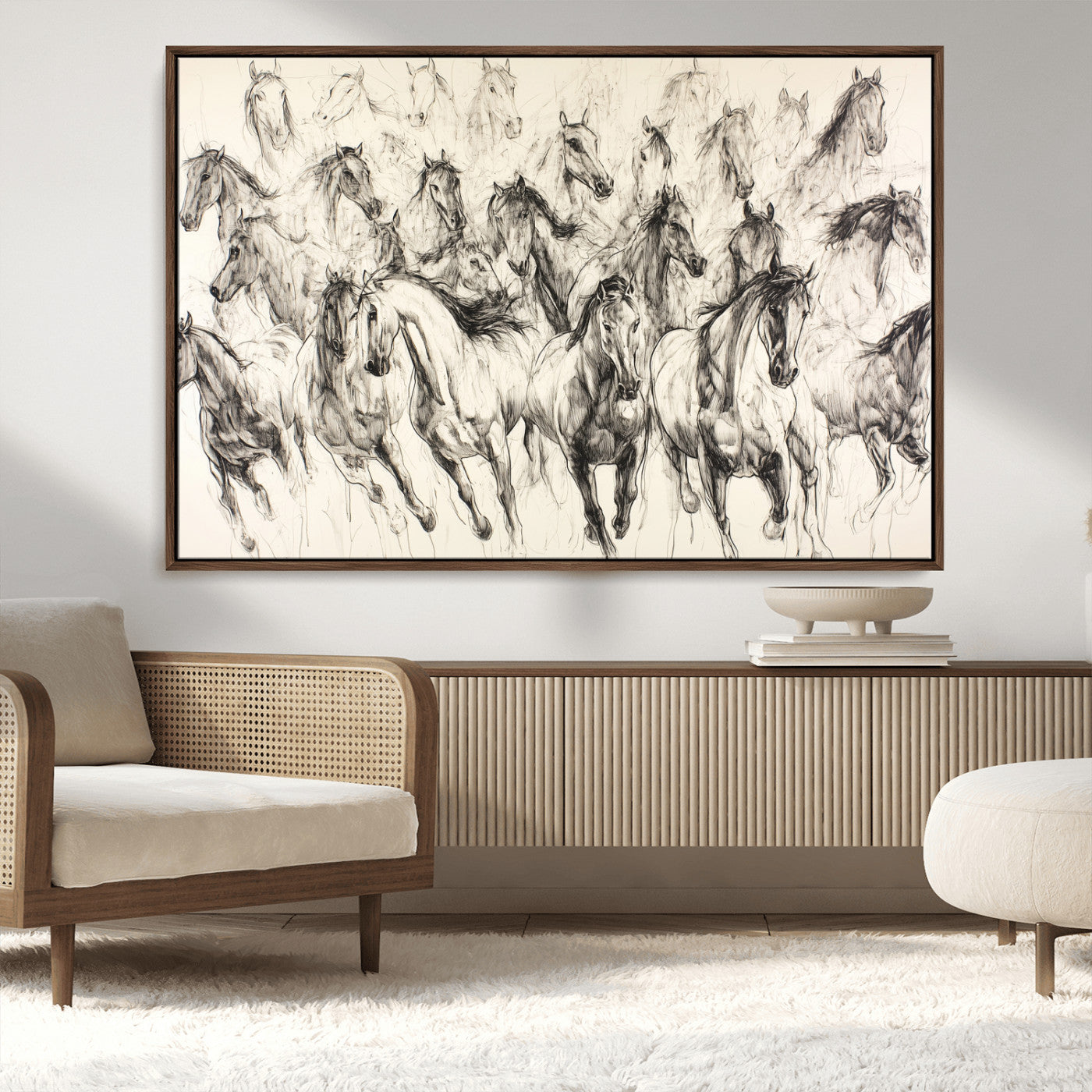 19433417-MGV-CV-36X24-Running Horses Wall Art Canvas Print, Framed Horse Sketch Art Picture Print, Galloping Herd Perfect Monochrome Western Decor