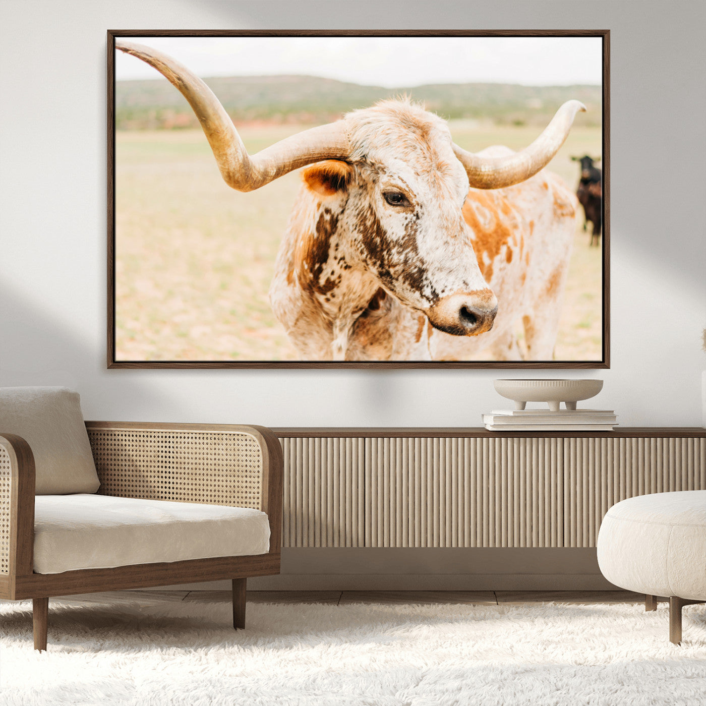 21060648-MGV-CV-36X24-Texas Longhorn Wall Art Canvas Print, Framed Speckled Cow Art Picture Print, Rustic Bull Perfect Rustic Western Decor Artwork