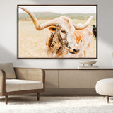 21060648-MGV-CV-36X24-Texas Longhorn Wall Art Canvas Print, Framed Speckled Cow Art Picture Print, Rustic Bull Perfect Rustic Western Decor Artwork